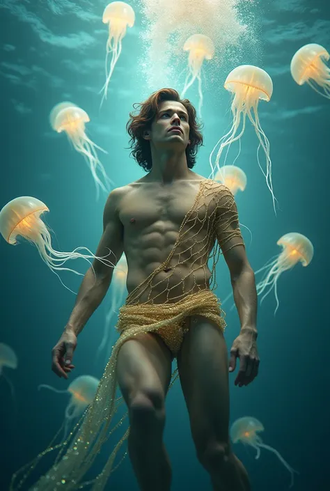  a beautiful man, with medium straight wavy brown hair, with a golden net around his body underwater, and jellyfish