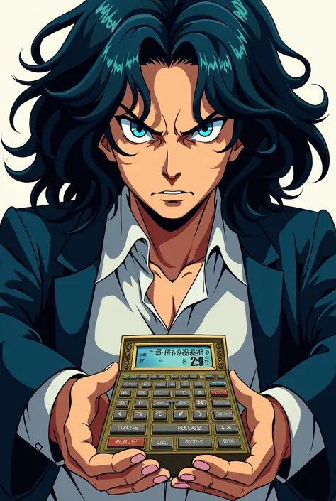 Blaise Pascal but anime art fierce with his eyes blue and make Blaise Pascal powerful with his inventions (calculator)