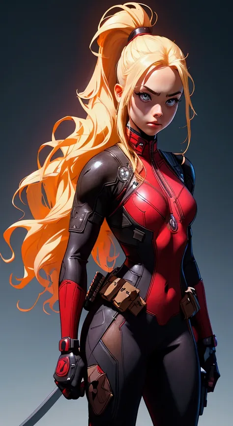 envision a 8k, highres, cinematic, full body design of an American girl with long blonde hair in a ponytail in a deadpool suit with katanas against a dark gray background