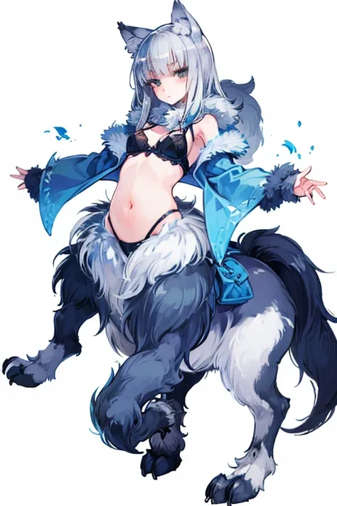 wolf girl、quadrupedal、two arms and four wolf legs、small breasts、only the belly is exposed、bra、whole body、silver fur、silver hair、...