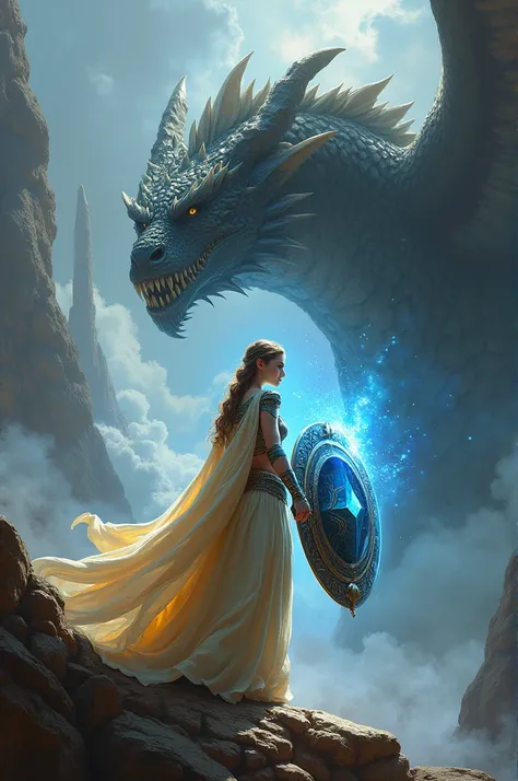 "The princess wielding a reflective shield that bounces the light from a gemstone towards the dragon, creating a clash of light and shadow