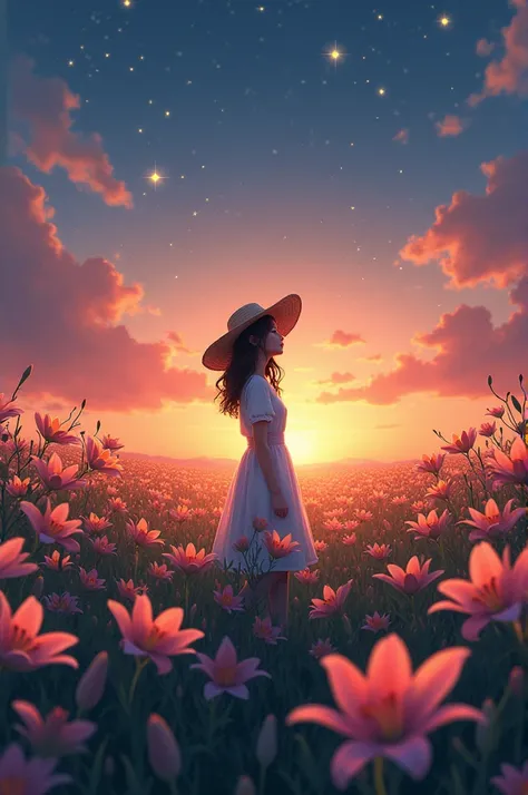 a stargazing lily field with a girl in the middle wearing a straw hat and white dress while iits sjnset