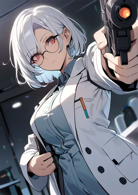 1 girl, scientist, pointing a gun, short hair, scientist coat, round glasses, crimson eyes, white hair, mature lady, 8k, 4k masterpiece perfect body, anime girl