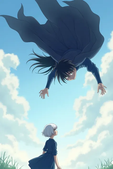 Give me an illustration of Sophie from Howl&#39;s Moving Castle, short white hair with a dark blue dress, looking up seeing a boy who is flying with long black hair and a cape but also looking at her