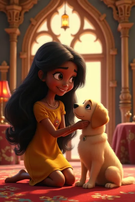 Dark skinned girl with black hair , dark eyes , beautiful smile.with a golden retriever dog. Represents this type of Pixar, in the castle of the princess and the frog