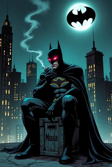 gotham city la nuit ou il ya le batman qui fume une cigarette blanche avec les yeux rouges sur un toit dun bâtiment assis sur une boite ou il ya ecrit dessus Moula et dans le ciel une grande projection batman avec ecrit Ghotam Coffee en cartoon