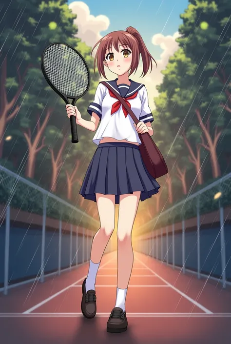 High school girls、Thin sailor suit（Buzzer服、Moist and transparent)、socks、loafers、ponytail、school bag、Buzzer、sudden sunset（rain)、Tennis outfit, Tennis rackets