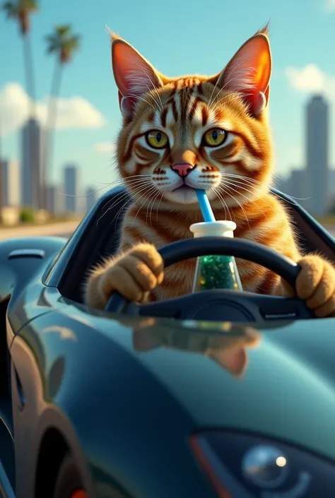 8k, a really cool sports car, a brown tabby cat is driving the car, the cat is smoking a bong