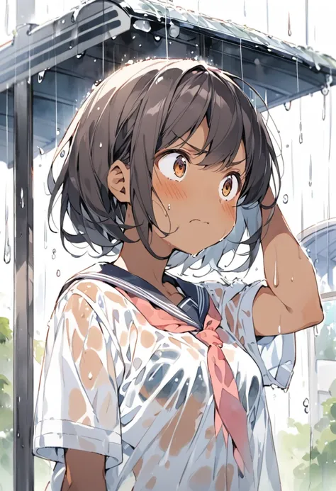 A high-quality watercolor-style anime illustration depicting a beautiful, boyish dark skin girl standing in front of a simple countryside bus stop during a heavy downpour. The girl is wearing a school uniform,See-through sporty_bra and her shirt is soaked,...