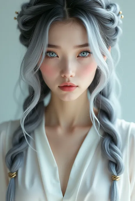 Excellent, ​masterpiece, white balck hair, blue eyes, White clothing, upper body, balck hair, light skin, side braids, best quality