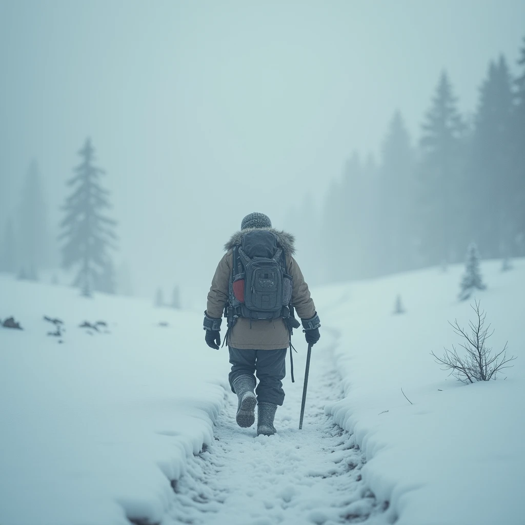 (Snow Scenery), A traveler dressed in heavy winter clothes, walking alone on a snowy wasteland. Surrounded by blurry snow scenery, the travelers figure appeared  yet resolute. The color is mainly cool gray, and the light and shadow are mainly scattered fro...