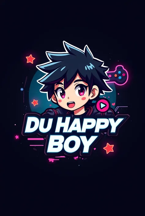 This is a gaming logo that features the name DU happy boy in a futuristic font and a Neo black colour. And boy anime avtar, the logo also has a stylized controlled icon and a free fire play button in the background. The logo is designed to be attractive an...