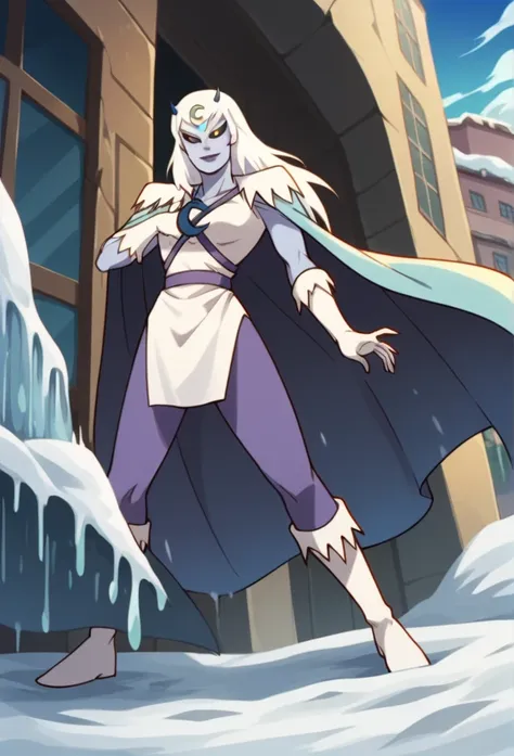 score_9, score_8_up, score_7_up, score_6_up, score_5_up, score_4_up, chilla, thundercats, icicles, cape, smile, colored skin, white hair, long hair, solo,  black sclera, yellow eyes,  score_9, source_anime, snow, outside, city