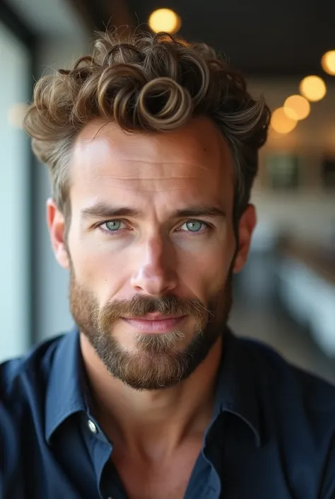 men&#39;s hairstyle for dark blonde curly hair, with round chin, clearly visible entrances,  little hair in the front and a larger forehead with a full beard