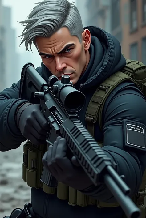 Serious soldier cartoon young handsome man,Ready your gun?,Dressed in black tactical clothing,Gray Hair,With a sniper rifle