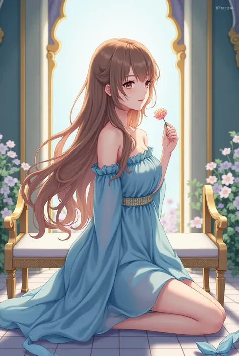 full body, (hair swept bangs:1.3), (long brown hair:1.3), a lady in a blue dress kneeling on a bench with a flower in her hand, palace ， a girl in hanfu, anime style, from girls frontline, fine details. girls frontline, girls frontline universe, girls fron...