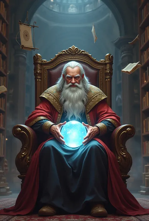 A wise old wizard sitting in a grand library, surrounded by floating books and a glowing crystal ball. A small, wooden arrow target hangs on the wall behind him.