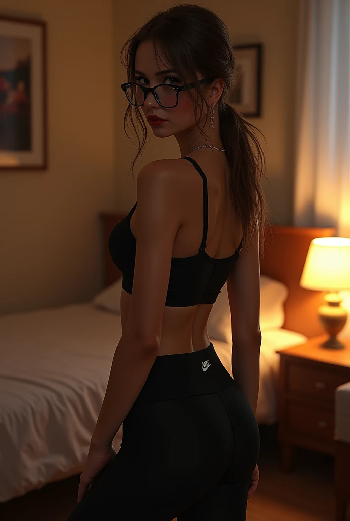 sexy balkan student, pale white skin, honey eyes, low messiy pony tail, glasses, teasing seductively on nike pro, sexy ass, in her dorm at night