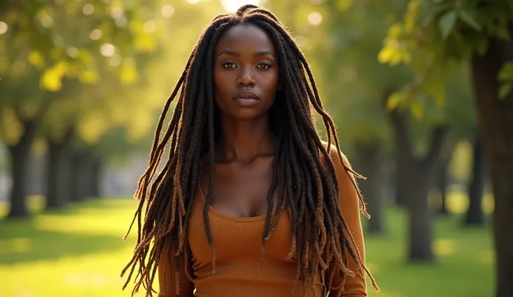 A stunningly beautiful African American woman with long brown dreadlocks with highlights on the ends in walking through the park looking sexy & sensual, realistic