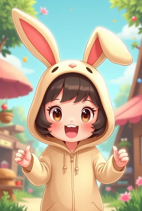 Create cartoon drawing of cute human with bunny hood