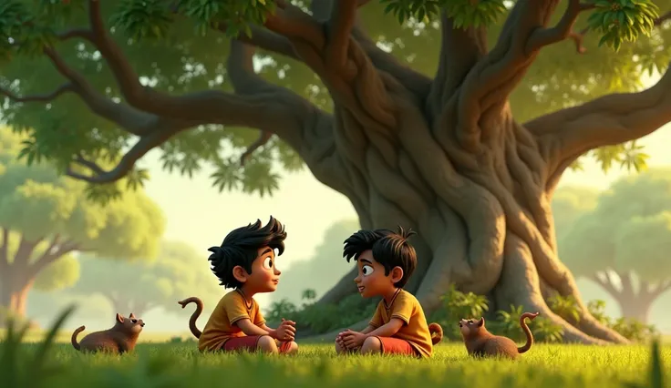 Need a 3d animation style, Ramu and Shyamu sitting under a large tree, engaged in a meaningful conversation about life’s challenges and successes