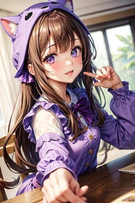 
Open-eyed girl with brown hair, wearing a lilac cat costume , making a cute pose
