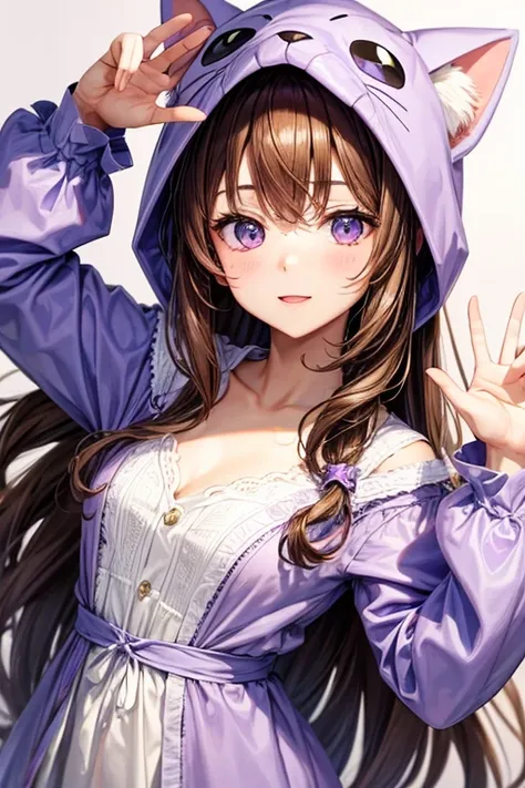 
Open-eyed girl with brown hair, wearing a lilac cat costume , making a cute pose
