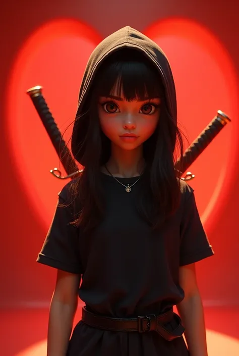 A girl with a black t-shirt and hood, long straight hair, big eyes, small necklace, ninja hat, red heart, bright red heart background, Disney style, very detailed, photorealistic, 8k, cinematic lighting, warm color palette, masterpiece and two swords on th...