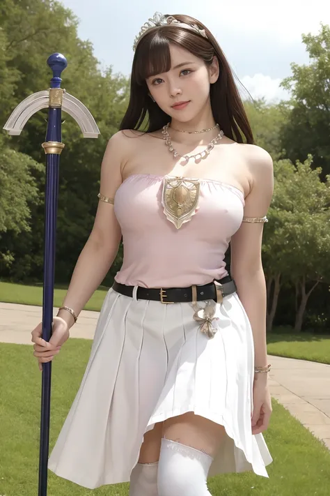 masterpiece, Highest quality, High resolution, hmpa1, pink, Parted bangs, tiara, Large Breasts, necklace, Exposing shoulders, Strapless Dress, Arm guard, belt, White Dress, White knee socks, Single knee socks, Outdoor, holding staff, staff, Hold a shield,