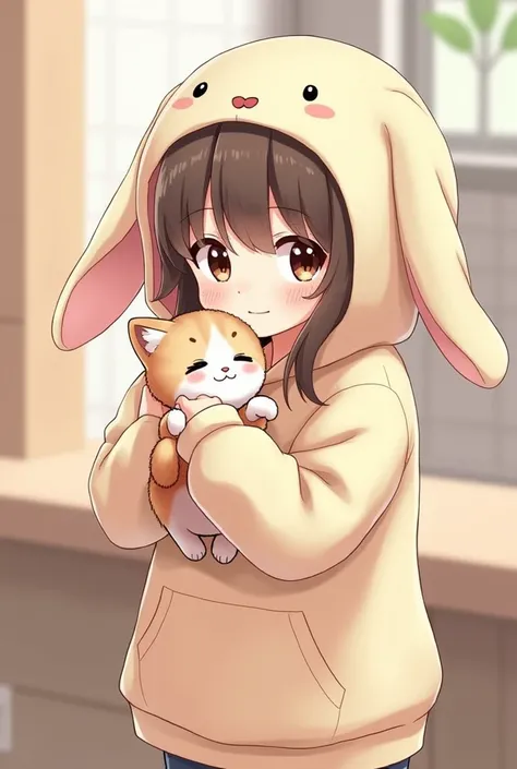 Drawing of cute human in bunny hoodie holding kitten standing up 