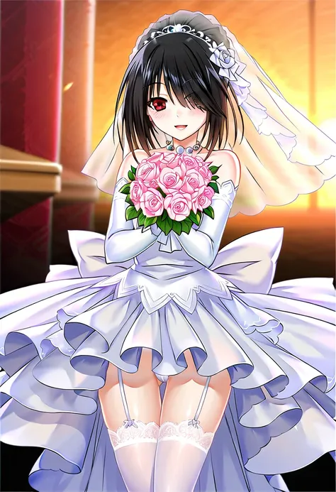 tokisaki kurumi,((masterpiece)),(((best quality))),((ultra-detailed)),((illustration)),((disheveled hair)),((frills)),(1 girl),(solo), 1girl, ass, black hair, blurry background, blush, bouquet, dress, flower, gloves, hair over one eye, holding bouquet, ope...