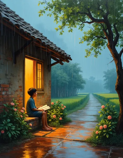 This is a beautiful oil painting with bold brush strokes that depicts a heavy rain scene under the eaves of a house in rural Vietnam. A boy is sitting under the porch, reading a book and looking into the distance, waiting for his mother to come home. The h...