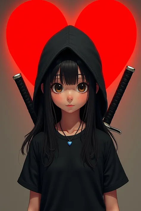 A girl with black t-shirt and hood, long straight hair, book hairstyle, big eyes, small blue heart necklace, ninja hat, red heart, bright red heart background, Disney style, very detailed, photorealistic, 8k, cinematic lighting, warm color palette, masterp...