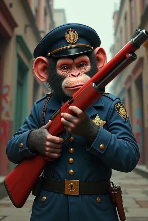 A monkey with police costume and red fire m1887 shotgun