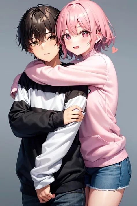 
Girl with pink hair wearing a white sweatshirt with heart print,being hugged by a boy with short black hair, with sweatshirt pre-written I love you 
