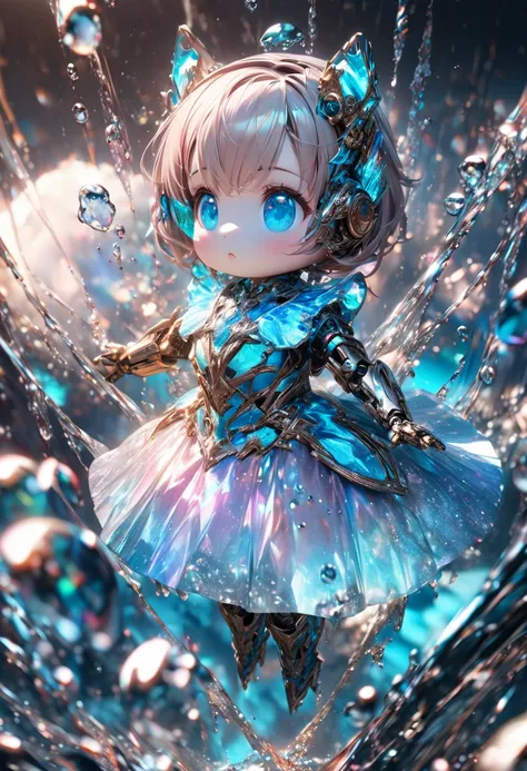 conceptual installation fantasy art, cute chibi animal-based android cyborg trapped in a falling ice drop, background iridescent metallic Tiffany Blue, (ultra detailed, absolutely resolution, best quality:1.3), 2.5D, delicate and dynamic effects, glitter e...