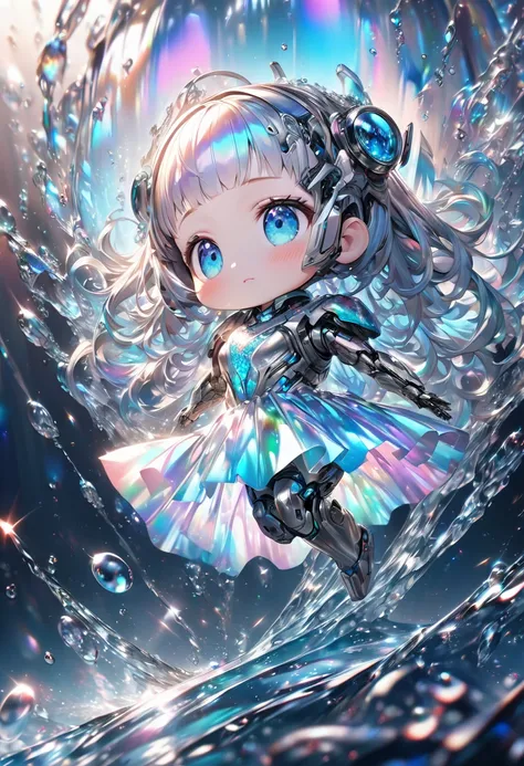 conceptual installation fantasy art, cute chibi animal-based android cyborg trapped in a falling ice drop, background iridescent metallic Tiffany Blue, (ultra detailed, absolutely resolution, best quality:1.3), 2.5D, delicate and dynamic effects, glitter e...