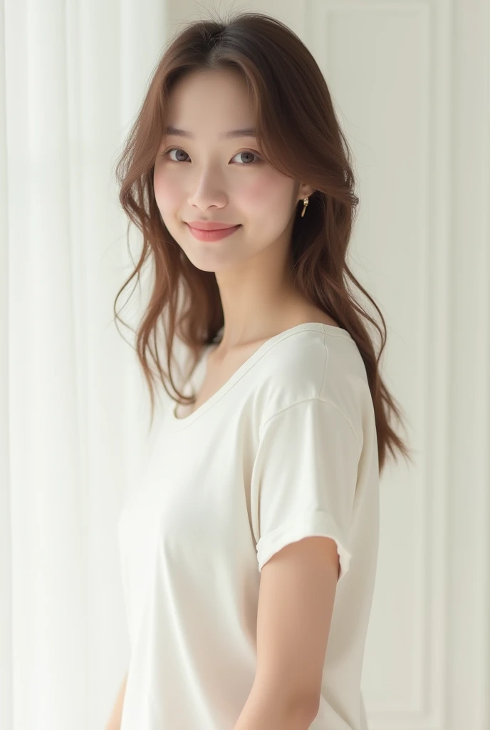 軽めのLayer Styles、human、Transparent woman、young、White T-shirt、Reduces neck volume、Fair-skinned pretty woman、No blunt ends、Layer Styles、Gourd Shape、Body is at an angle、looking at the camera、Tilt your head、
Hair down to the collarbone、Brown color、Outline of an...