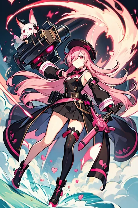 women, pink hair, with an eye patch, Red eyes, leather gloves, black dress,pink and white, Long black boots, with a cannon, with black hat