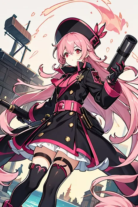 women, pink hair, with an eye patch, Red eyes, leather gloves, black dress,pink and white, Long black boots, with a cannon, with black hat