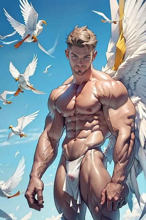 NSFW, Clear background、Stephen AMELL as an angel,  A handsome tall man standing,He is 40 years old, mature hunk man ，Thin waist，The pectoral muscles are developed, He is 175cm tall，Weight 72 kg、blue-green eyes,dark blond hair color、short hair, facial hair、...