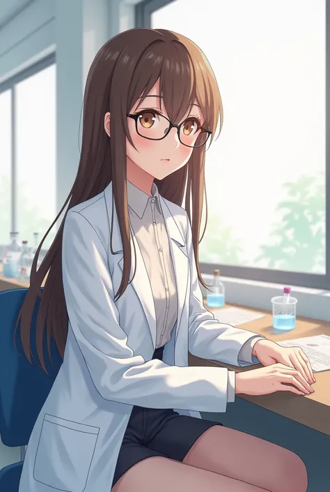 anime character of a woman in a lab coat and glasses, (hair swept bangs:1.3), (long brown hair:1.3), sitting beside a window with table, with a lab coat, wearing lab coat and a blouse, doctor, wearing a labcoat, full body illustration, anime style, from gi...