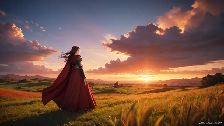 A woman in a red dress and a red cloak is standing in a field,The sky is sunset,Fantastic,Complex and gorgeous anime CGI style, Anime fantasy artwork, Anime Art Wallpapers 8K, Anime fantasy illustration, Artjam and Athi Gairan, Gwaiz, 2. 5 d cgi Anime fant...