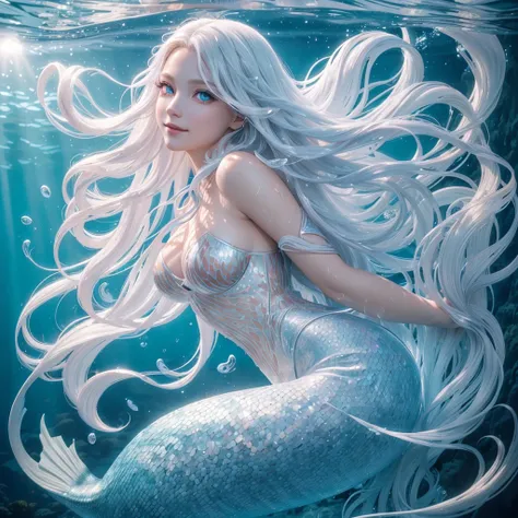 Beautiful mermaid, white long hair, red eyes, realistic photo, high detailed, Realistic, high resolution, high texture, beautiful beauty, long flowing hair, big red eyes, full and high straight, swimming, silver and bluesea fish tails, pale skin, happy red...