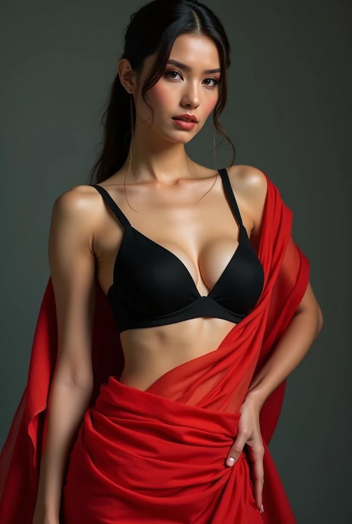 Women wore a light red chiffon saree tightly wrapped around her body and a sleeveless and backless black blouse. The blouse was a modern one. It was shaped like a bra, which means just wrapped around the boobs, showing deep cleavage.