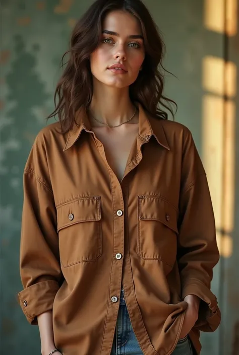 a vintage design, retro, in an oversized brown shirt 