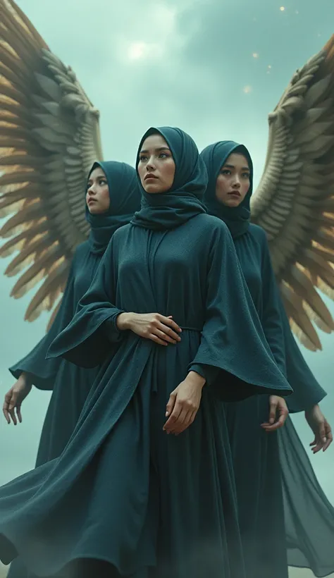 3 hijab women with bodies like birds with wings