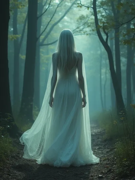 The Witch Appears: Tall, Ghostly woman in a long white dress, facing front, in the woods