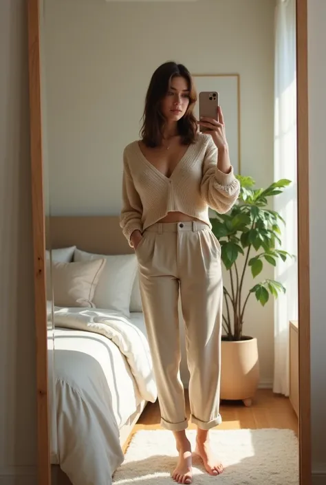 A young Caucasian woman in her twenties with slightly wavy, shoulder-length brown hair is standing in her modern bedroom. She wears an elegant and comfortable beige outfit: a light beige knit sweater with a round neck and high-waisted beige chinos, which h...