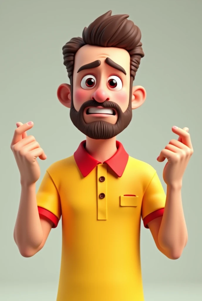 3d avatar white man 3 brown hair brown beard frowning forehead well-humored yellow polo shirt with red collar arms raised 